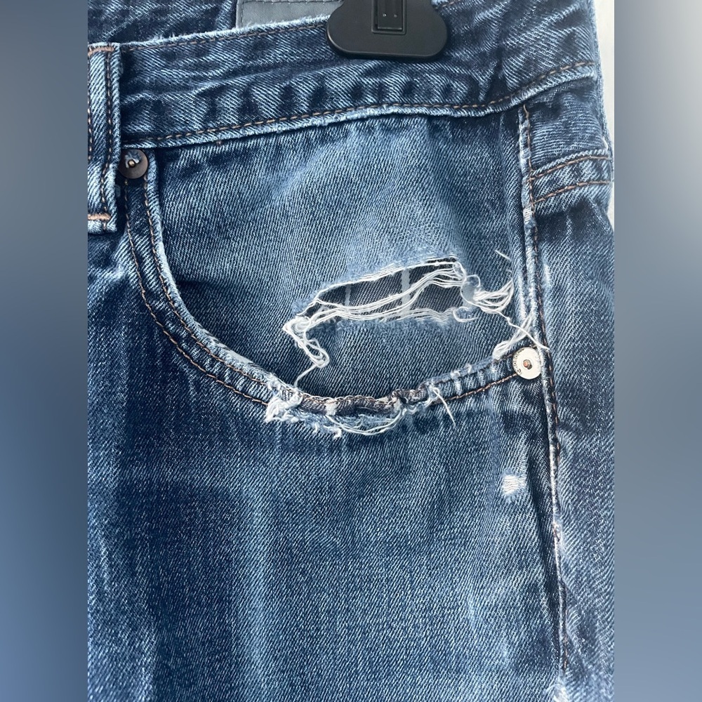 Bonobos mid wash, mid rise straight leg distressed, ripped denim jeans; 33 x 30 - Picture 4 of 7